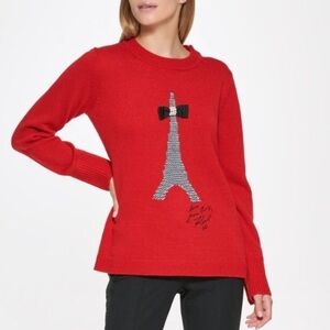 Eiffel Tower Attached Pearl Bow Embroidered Red Crewneck Knit Sweater Large